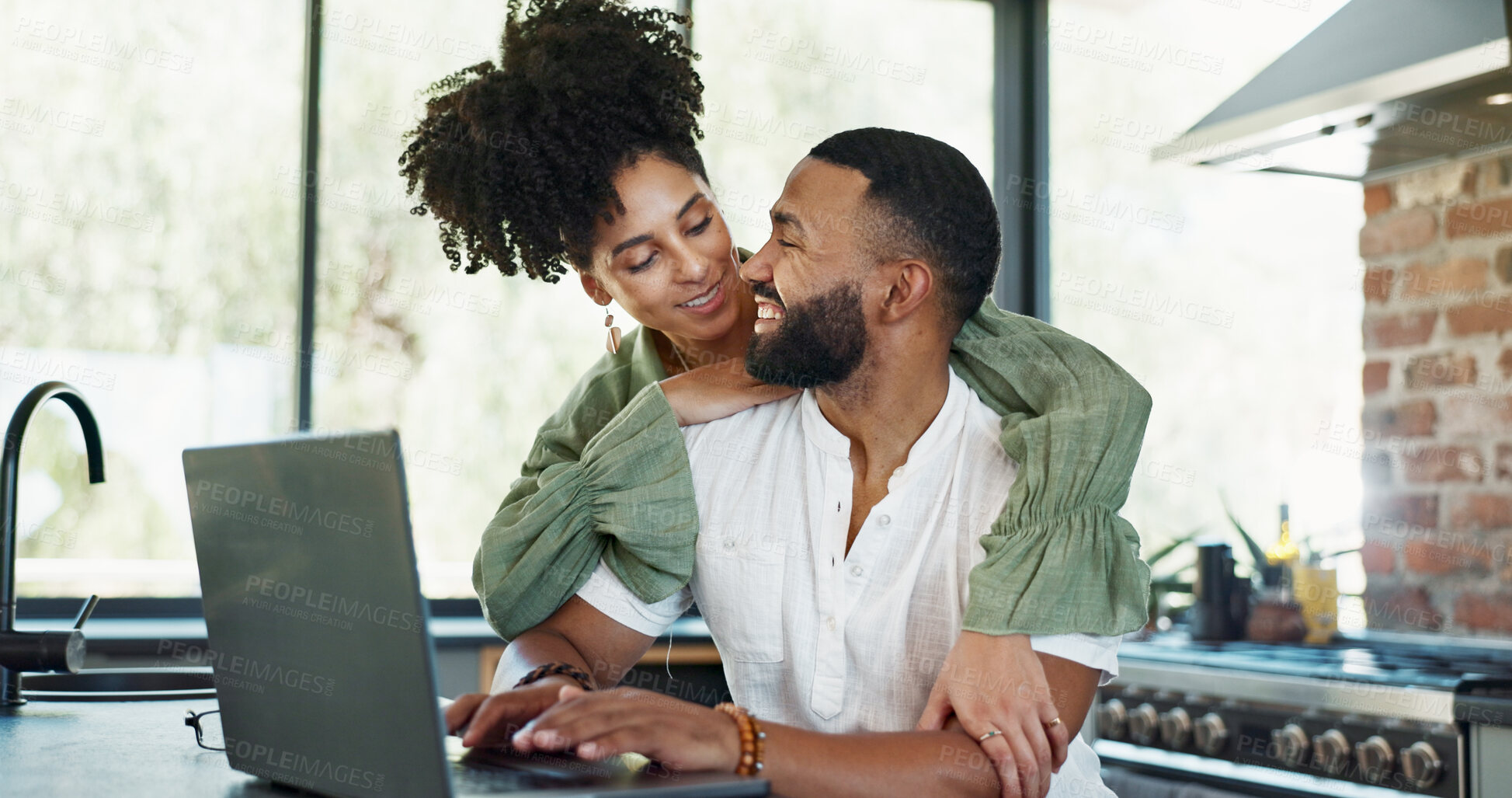 Buy stock photo Laptop, relax and couple hug in home for bonding, loving relationship and happy together in kitchen. Marriage, embrace and man and woman on computer for internet banking, website and online shopping