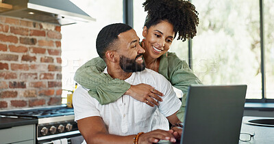 Buy stock photo Happy, hug and couple with laptop in home with smile, love and bonding together with budget planning. Marriage, support and care of woman with romance and tech in kitchen with website and internet