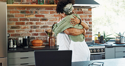 Buy stock photo Kitchen, happy and couple hug in home for bonding, loving relationship and commitment together. Dating, marriage and man and woman embrace for affection, romance and love for new house or apartment