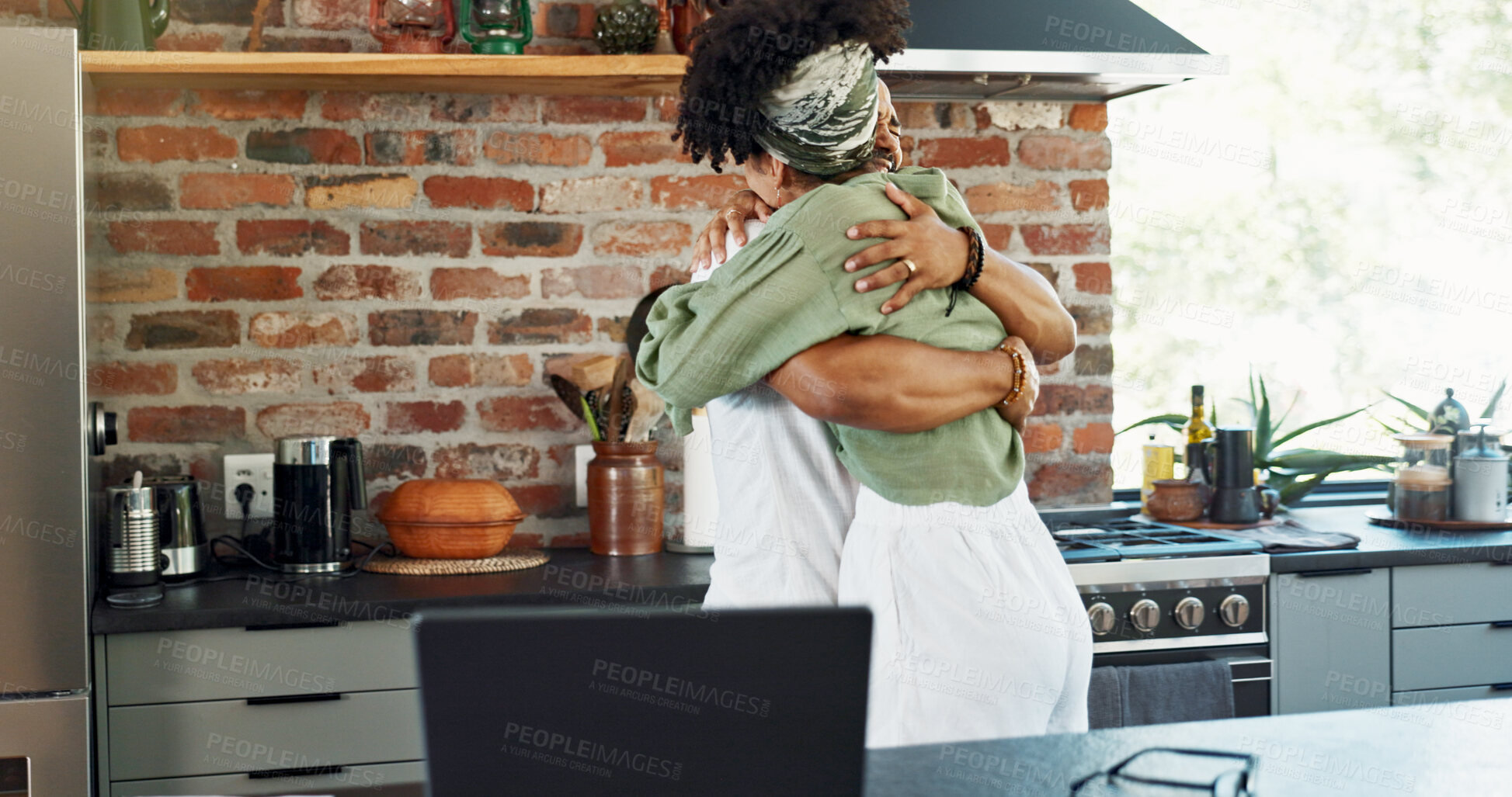 Buy stock photo Kitchen, happy and couple hug in home for bonding, loving relationship and commitment together. Dating, marriage and man and woman embrace for affection, romance and love for new house or apartment