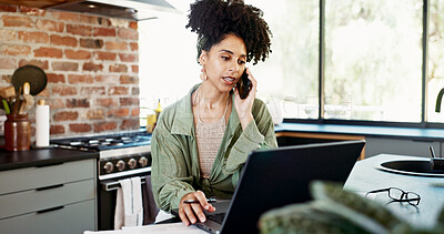 Buy stock photo Woman, phone call and laptop for research in kitchen, planning and communication on app in home. Female person, speaking and networking for agenda or website for remote work, info and journalist