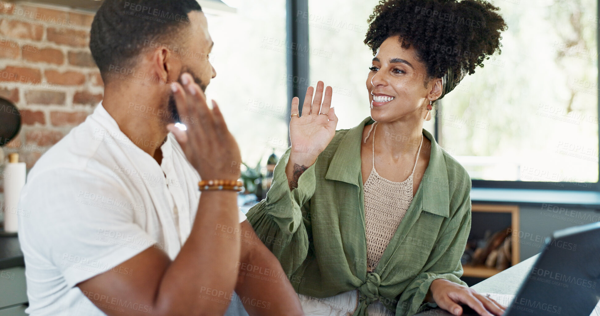 Buy stock photo Happy, high five and couple with laptop in home with investment, savings and budget for bills. Smile, banking and financial payment with excited woman and celebration together from profit and tech