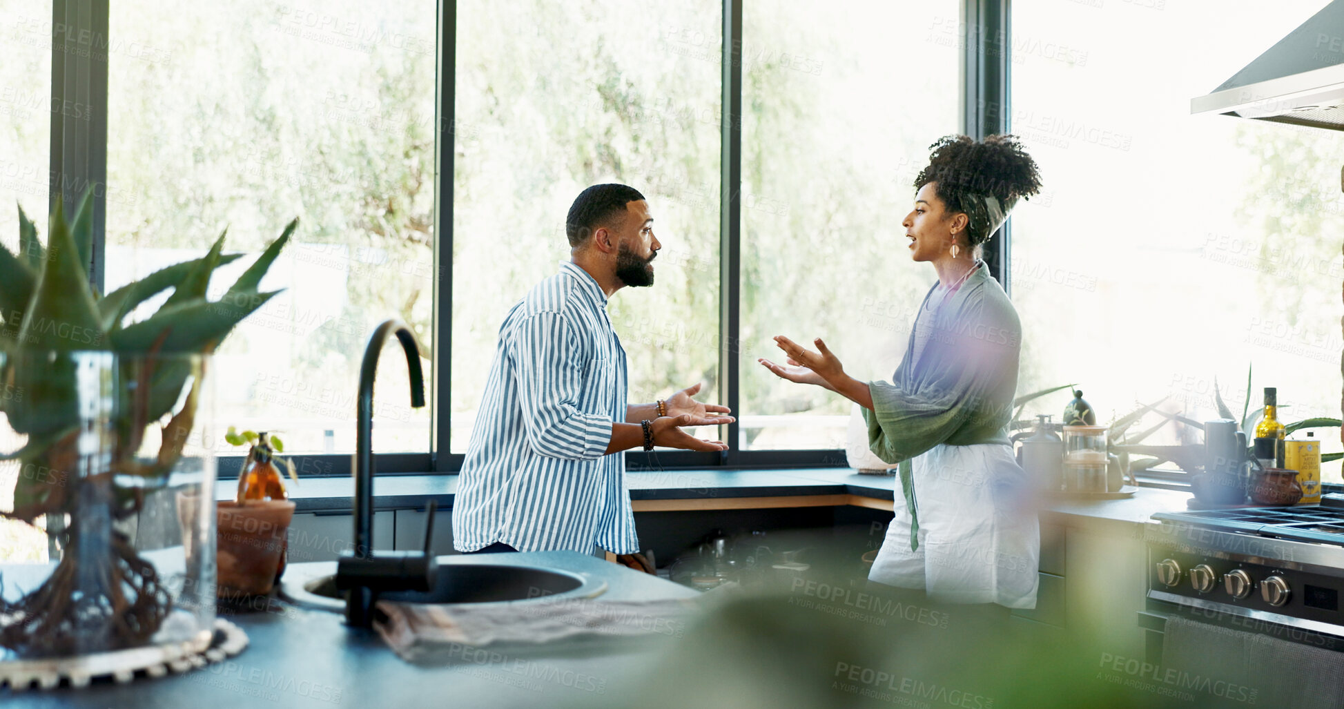 Buy stock photo Kitchen, fight and couple with argument at home with marriage, anger and conflict. Frustrated, divorce and upset discussion with problem, trouble and stress together with drama and breakup issue