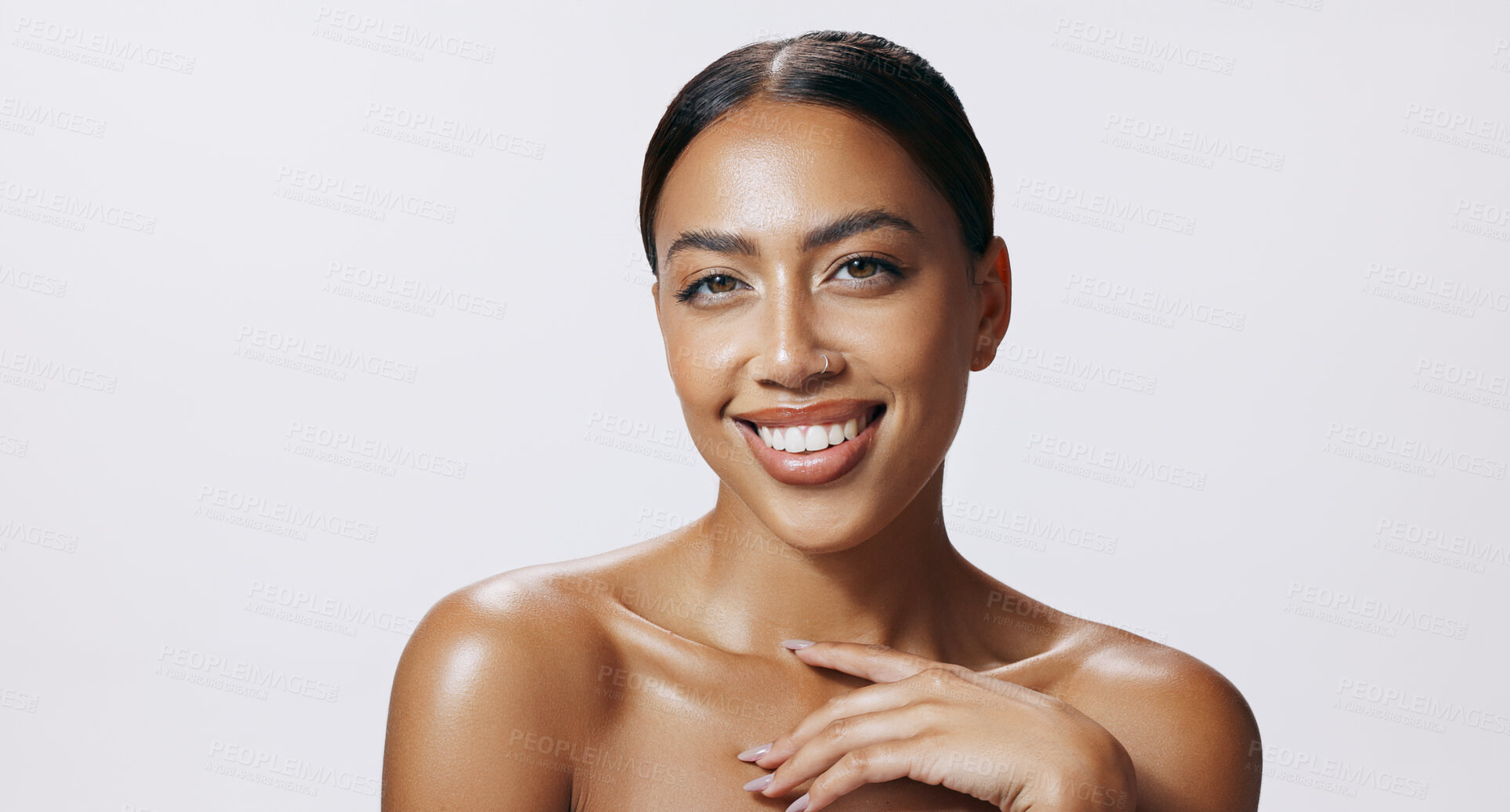 Buy stock photo Studio, shine and portrait of woman, smile and treatment of skincare, soft and glow of body in results. White background, face and proud for skin, dermatology and cosmetics for person and hand