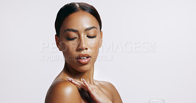 Buy stock photo Black woman, natural beauty and skin glow with relax, dermatology and wellness in studio. Cosmetics, facial and idea from skincare and collagen treatment results with white background and mockup