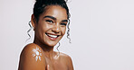 Skincare, smile and woman with natural cream in studio for wellness, dermatology and luxury spa. Body, cosmetics and glow of lady with lotion, anti aging products and treatment on white background