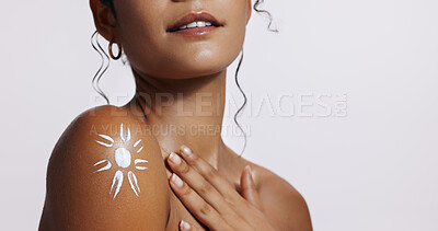 Buy stock photo Spf, sun and shoulder of woman in studio with moisturizing, health and skincare routine. Cosmetic, dermatology and female person with lotion or creme for smooth body texture by white background.