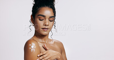 Buy stock photo Skincare, beauty and woman with natural sunscreen in studio for wellness, dermatology or luxury spa. Body, cosmetics or glow of lady with lotion, anti aging products and treatment on white background