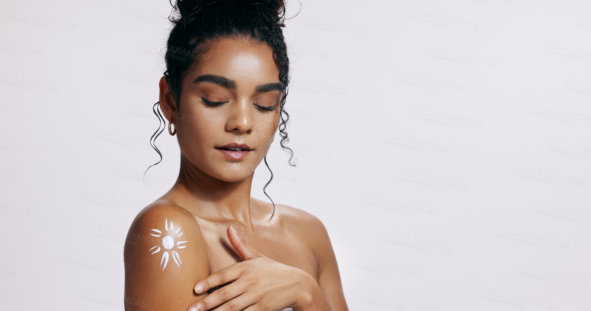 Buy stock photo Skincare, beauty and woman with natural sunscreen in studio for wellness, dermatology or luxury spa. Body, cosmetics or glow of lady with lotion, anti aging products and treatment on white background