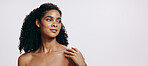 Black woman, beauty and skin glow with thinking, dermatology and relax in studio. Cosmetics, facial and calm from skincare wellness and natural treatment results with white background and mockup