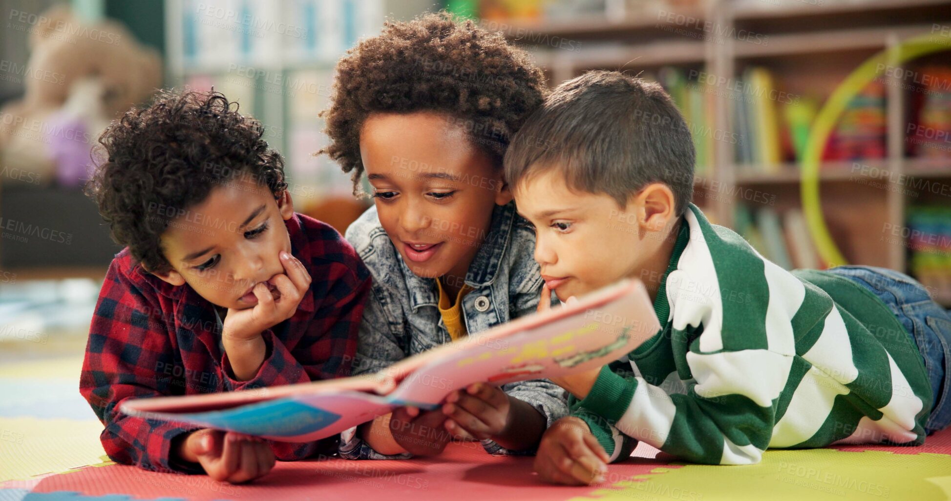 Buy stock photo Children, book and reading on floor at school, learning and literacy knowledge or mind development. Boys, kids and storytelling for education, english and literature information on mat for language