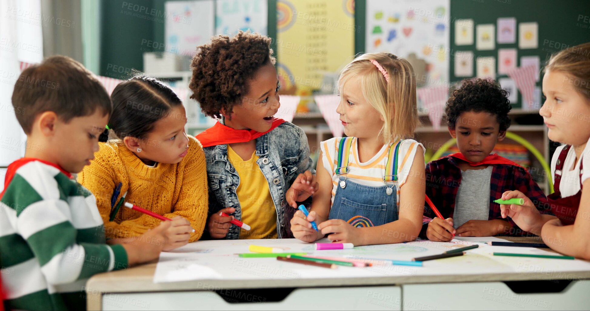 Buy stock photo Happy children, drawing and coloring with classmates in kindergarten for fun activity in classroom. Group of young elementary kids sketching colorful paper, poster or sign for learning or development