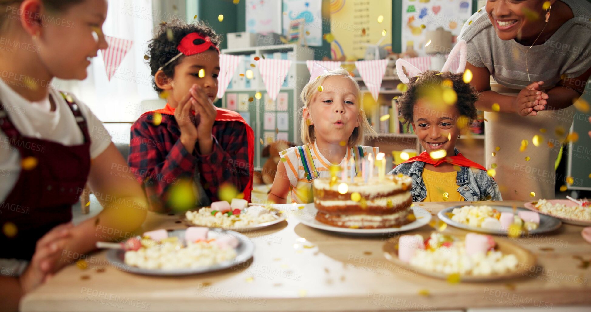 Buy stock photo Birthday, party and children with blowing of candles for celebration, development and growth of child. Happy, friends and smile with cake in classroom at table for special event, love and support