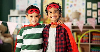 Buy stock photo Boy, hug and portrait of children with costume in classroom for halloween, fantasy dress up or cosplay. Kindergarten, friends and happy kids with smile for superhero outfit, sidekick or support