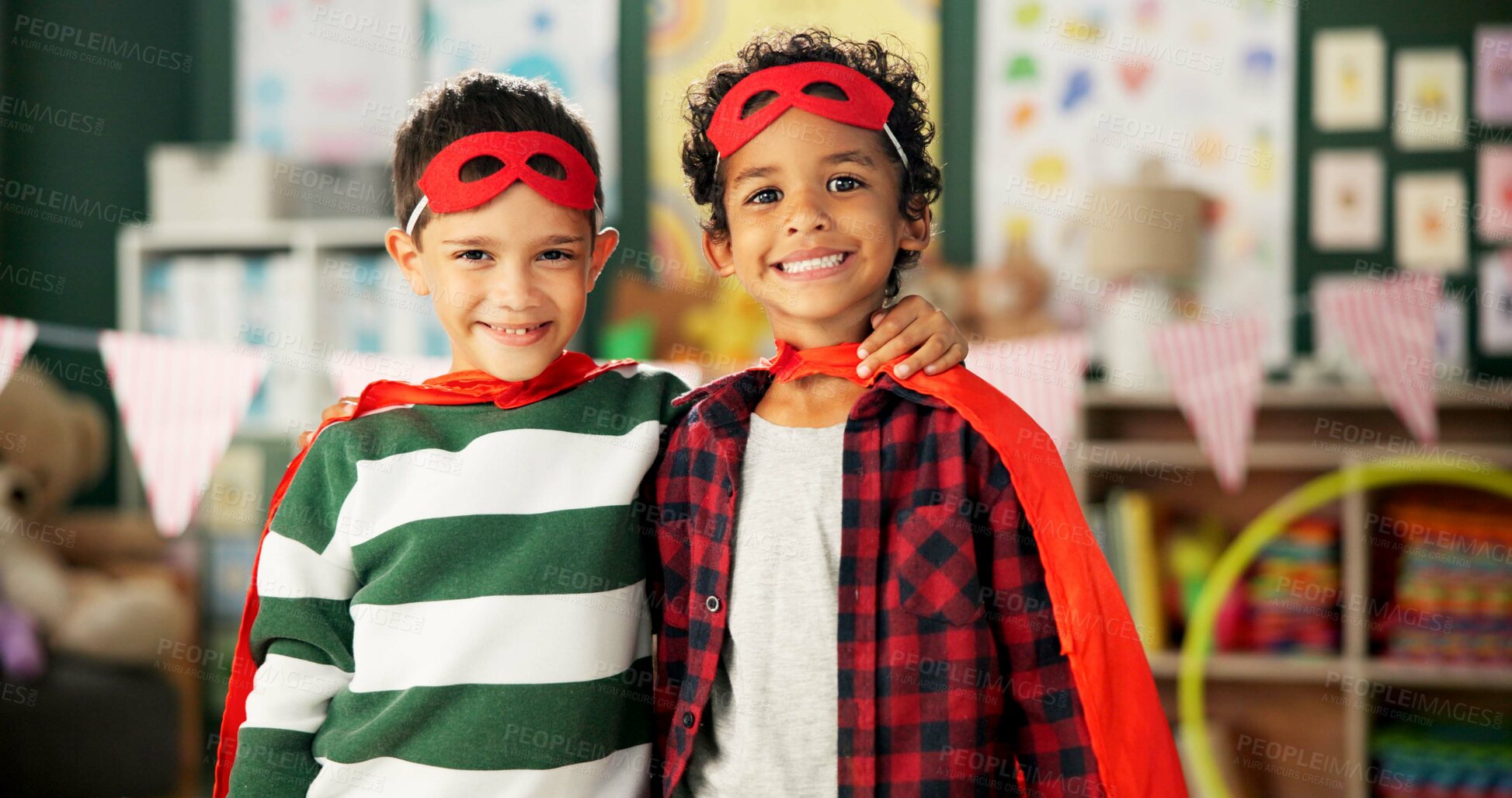 Buy stock photo Boy, hug and portrait of children with costume in classroom for halloween, fantasy dress up or cosplay. Kindergarten, friends and happy kids with smile for superhero outfit, sidekick or support