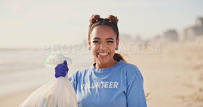 Buy stock photo Woman, volunteer and face on beach with plastic bag for cleaning garbage, community service or sustainability. Female person, smile and trash recycling for climate change, planet or waste management