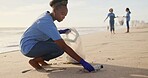 Volunteer, beach or woman with plastic, bottle or bag in nature for sustainability, help or ocean cleaning project. Accountability, team or friends at sea for earth day, social responsibility or NGO