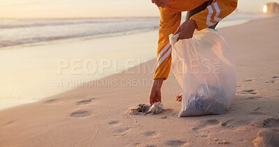 Buy stock photo Volunteer, beach and plastic cleaning or pollution in nature or community service, garbage or waste management. Person, climate change and ocean litter pickup as recycle, global warming or future