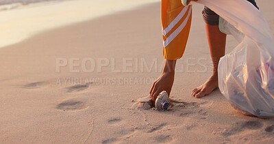 Buy stock photo Volunteer, beach and trash cleaning for pollution in nature or community service, garbage or waste management. Person, climate change and plastic bag for litter pickup, recycling or global warming