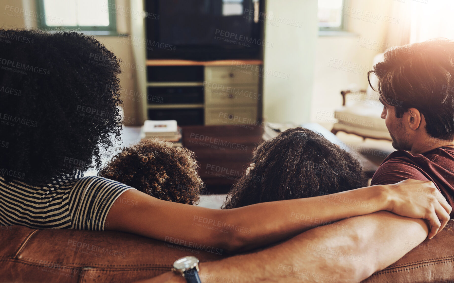 Buy stock photo Back, parents and children with love, support and care for trust, together or relax in bonding or house. Family, woman and kids with man in play, connection or comfort on couch in home or living room