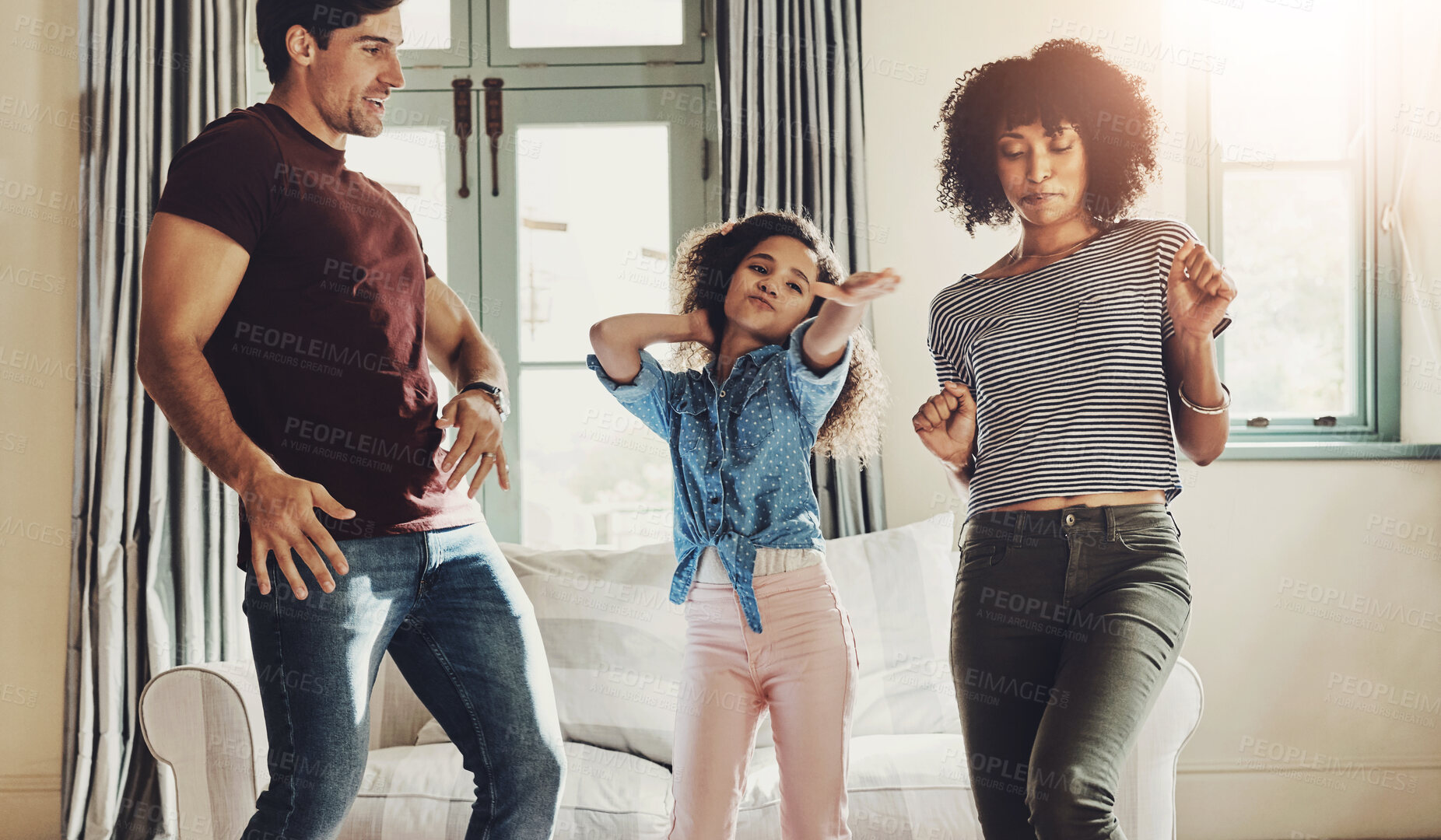 Buy stock photo Dancing, parents and child with love, support and care for trust, together or happiness in bonding. Family, woman and kid with man in playful, connection and comfort on couch in home or living room