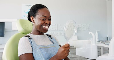 Buy stock photo Happy, black woman and dental teeth with mirror for clean mouth, oral or gum care at dentist. Young African female person with big smile for tooth whitening, hygiene or healthcare with reflection