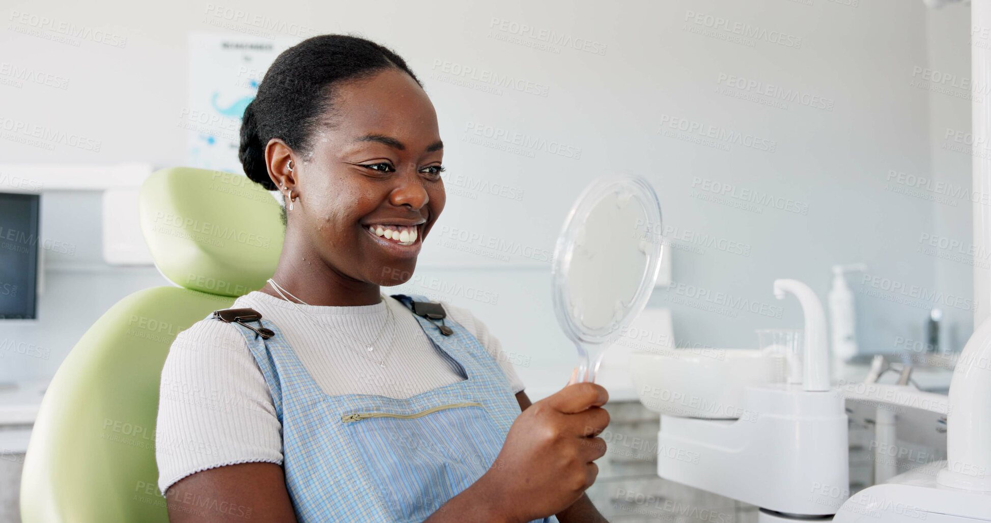 Buy stock photo Happy, black woman and dental teeth with mirror for clean mouth, oral or gum care at dentist. Young African female person with big smile for tooth whitening, hygiene or healthcare with reflection