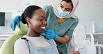 Happy woman, dentist and patient with mirror for dental care, teeth cleaning or treatment at clinic. Young female person, orthodontist and customer with big smile for oral, gum or tooth whitening