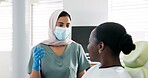 Muslim woman, dentist and patient with consultation for dental care, teeth cleaning or treatment at clinic. Young female person or orthodontist consulting customer for oral, gum or tooth whitening