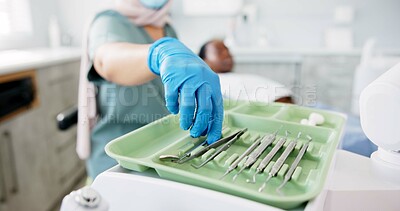 Buy stock photo Dentist, hands and tools or mirror for medical, dental and cleaning service with oral healthcare of patient. People with orthodontist in gloves or ppe for teeth exam, helping and support in clinic