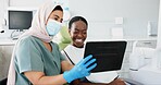 Happy woman, dentist and tablet with patient for dental care, results or tooth whitening at clinic. Young female person or orthodontist showing customer before and after teeth treatment on technology