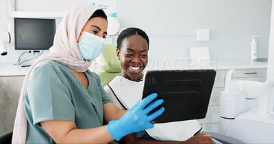 Buy stock photo Happy woman, dentist and tablet with patient for dental care, results or tooth whitening at clinic. Young female person or orthodontist showing customer before and after teeth treatment on technology