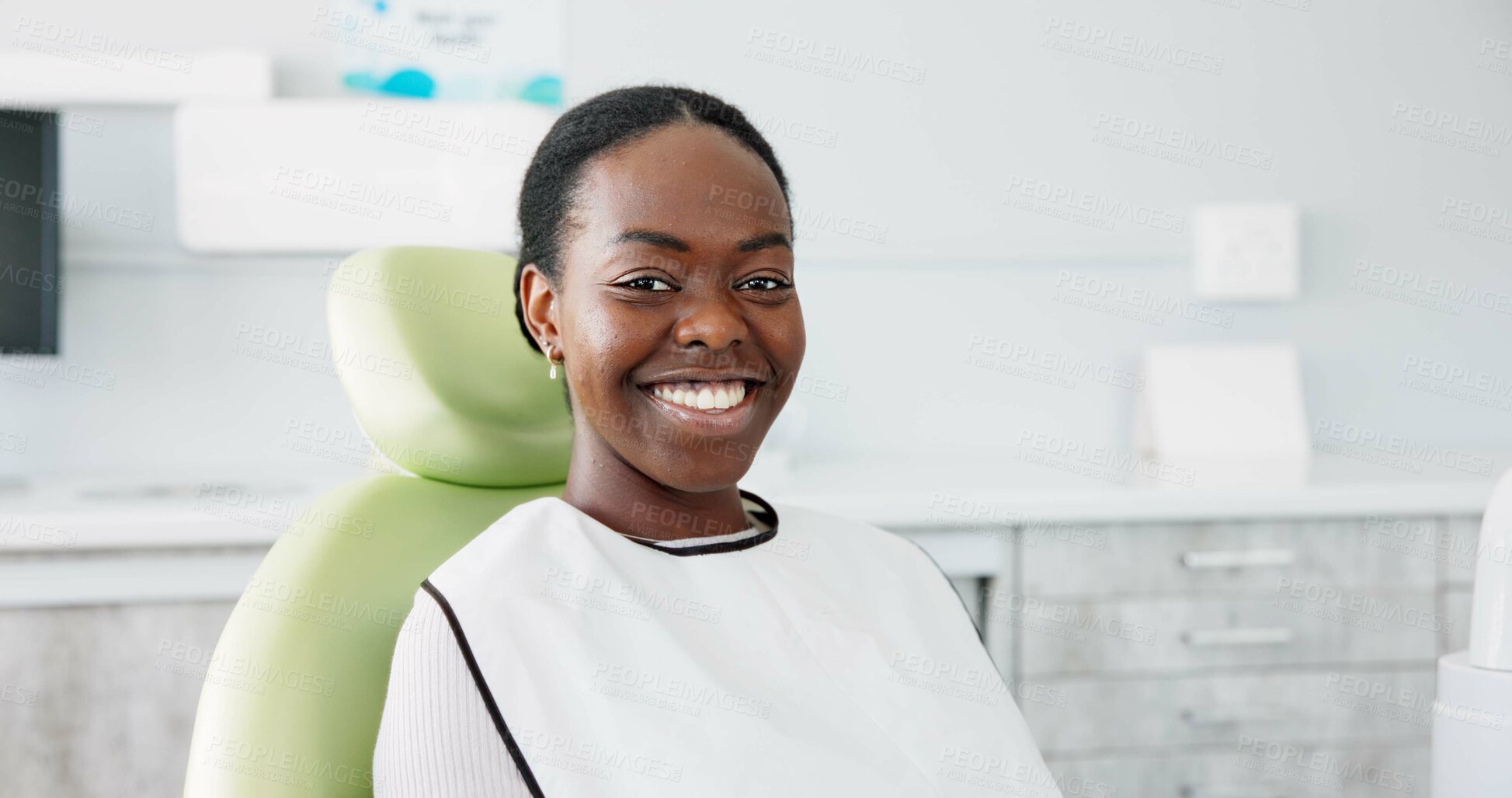 Buy stock photo Happy, black woman and dental care with teeth at dentist for clean mouth, gum or oral treatment at clinic. Portrait of African female person with big smile for tooth whitening, hygiene or healthcare