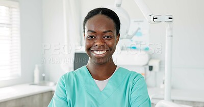 Buy stock photo Face, smile and dentist with black woman in scrubs at hospital for dental care or oral hygiene. Portrait, healthcare or medical with happy young orthodontist professional at clinic for dentistry