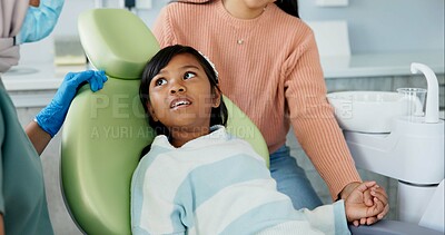 Buy stock photo Kid, orthodontist and appointment for teeth or oral health education for prevention on tooth decay or hygiene. Little girl, mom and together for dentistry checkup or dental examination with dentist.