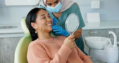 Buy stock photo Dentist, teeth and woman with mirror for dental care, medical appointment or consultation at clinic. Healthcare, asian female patient and orthodontist for oral hygiene, wellness and cleaning.