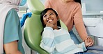 Kid, dentist and appointment for teeth or oral health education for prevention on tooth decay or hygiene. Little girl, mom and together for dentistry checkup or dental examination with orthodontist.