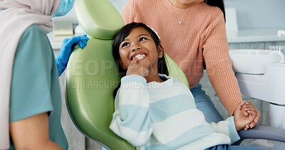 Buy stock photo Kid, dentist and appointment for teeth or oral health education for prevention on tooth decay or hygiene. Little girl, mom and together for dentistry checkup or dental examination with orthodontist.