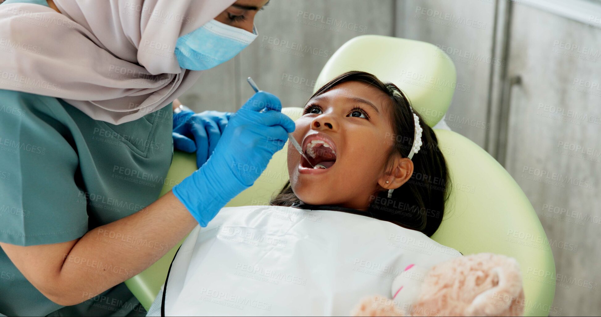 Buy stock photo Dental, examination or girl and dentist with mirror for tooth cavity or gum disease search. Oral care, tool or kid consulting specialist for teeth whitening, growth or bacteria, braces or development