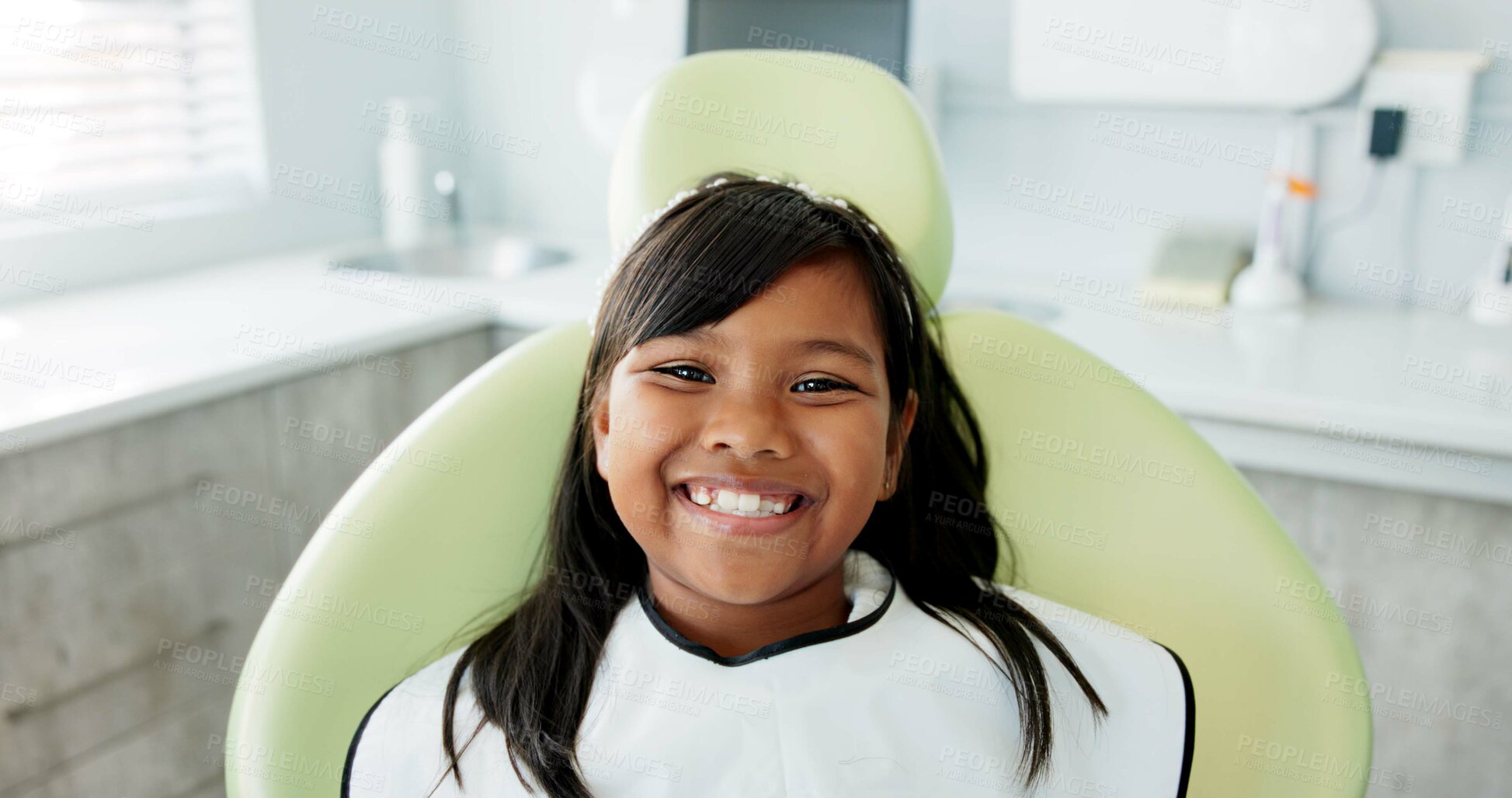 Buy stock photo Dental, smile and face of girl at a dentist for teeth whitening, consultation or growth check. Oral care, portrait and happy kid in dentistry office for mouth, gum or consulting specialist for braces