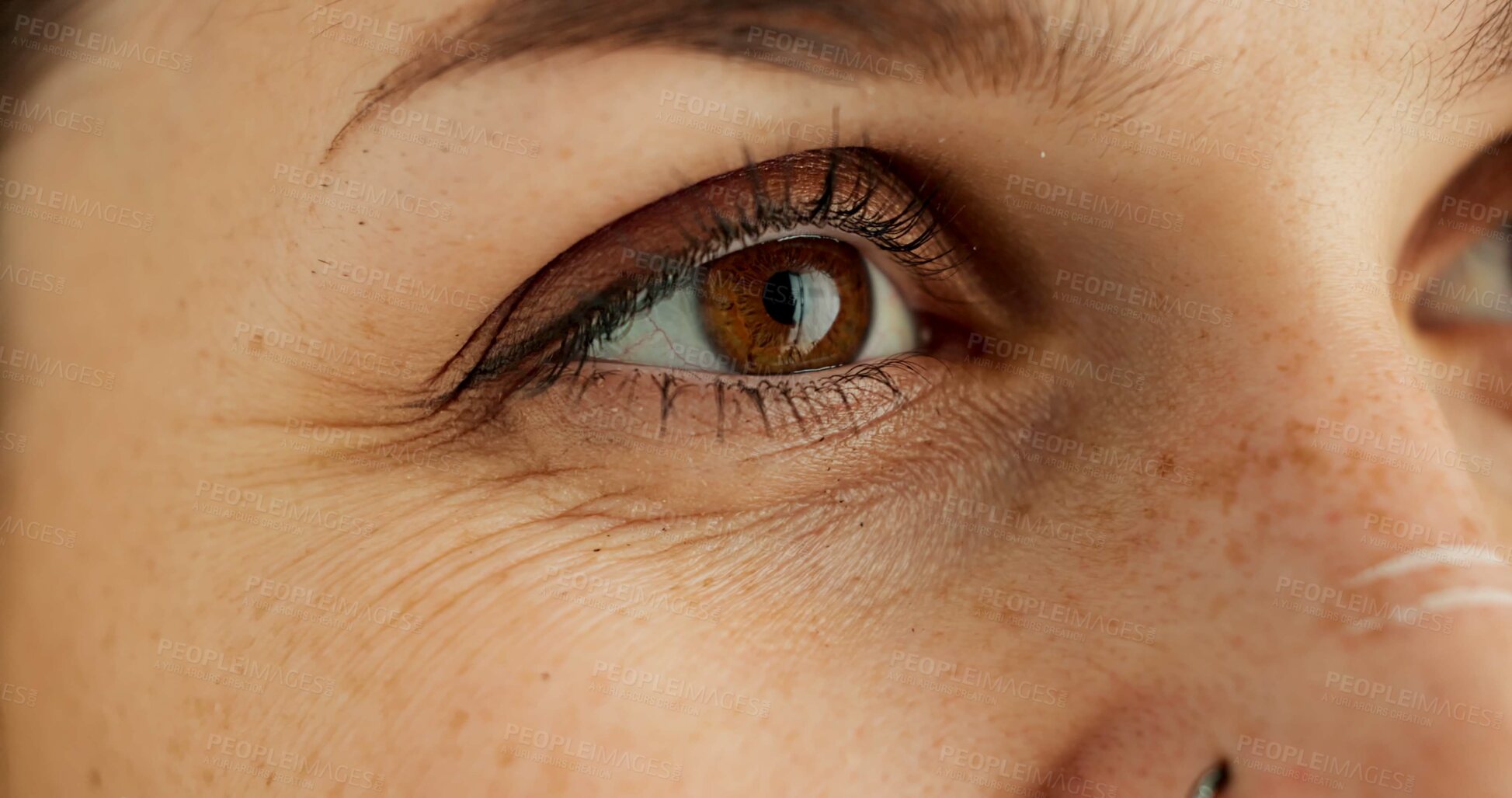 Buy stock photo Eyes, thinking and future with person closeup in studio for hope, optimism or contemplation. Eye health, vision and planning with model looking away for natural cosmetics, optometry or satisfaction