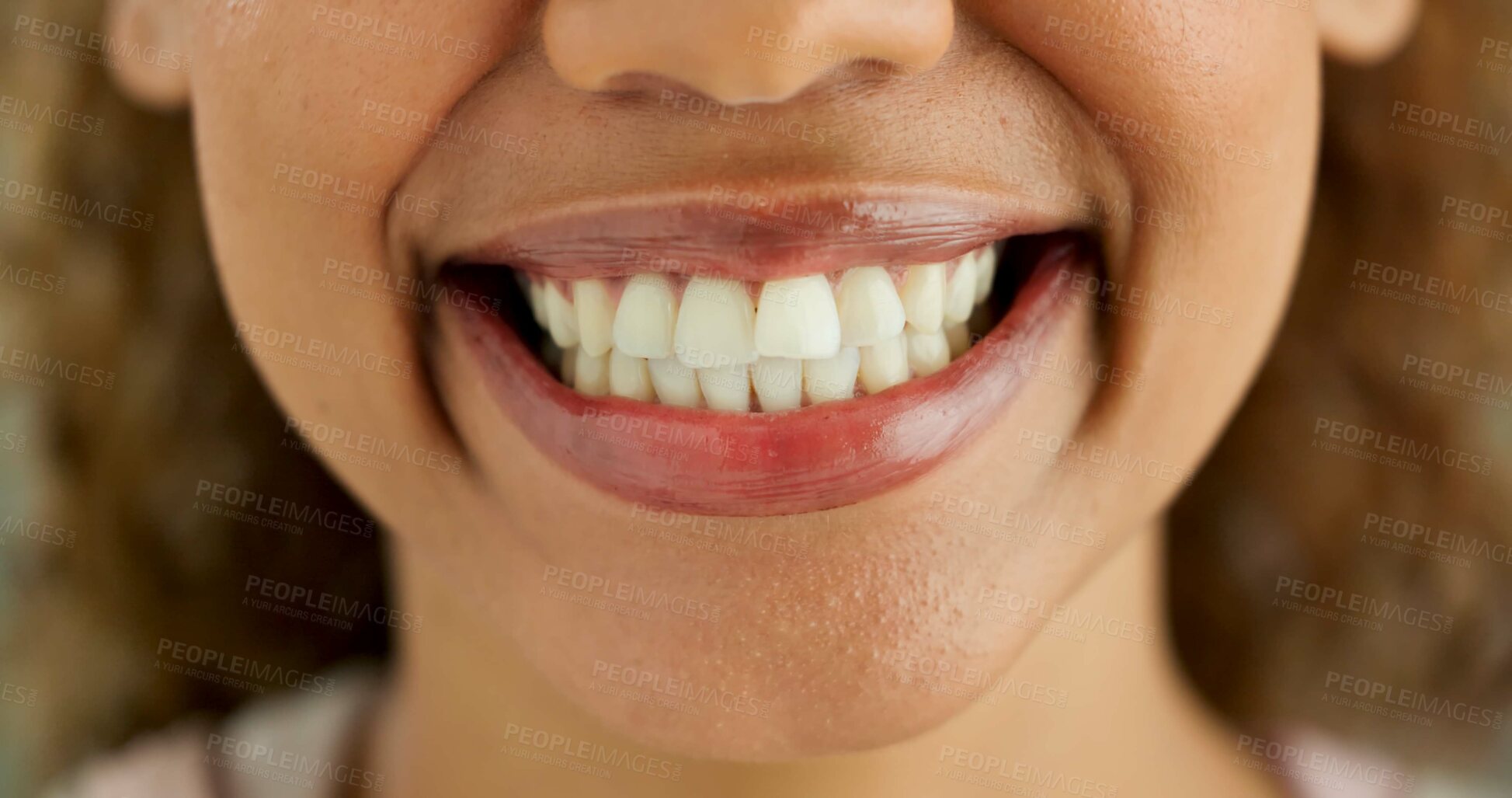 Buy stock photo Person, african and portrait with teeth, smile and dental care and oral hygiene or health. Mouth, zoom and closeup with wellness, medical and happy with dentist results and whitening for beauty