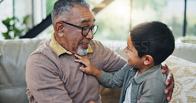 Buy stock photo Grandfather, child and relax on sofa at house for bonding, love and memory for care on weekend break. Smile, mature man and boy with excited gratitude, support and trust together in childhood home