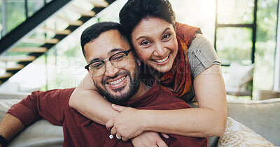 Buy stock photo Man, hug and mother for portrait on sofa at house for bonding, love and relax with care on weekend break. Happy, mature woman and gratitude embrace, family support and security together in lounge