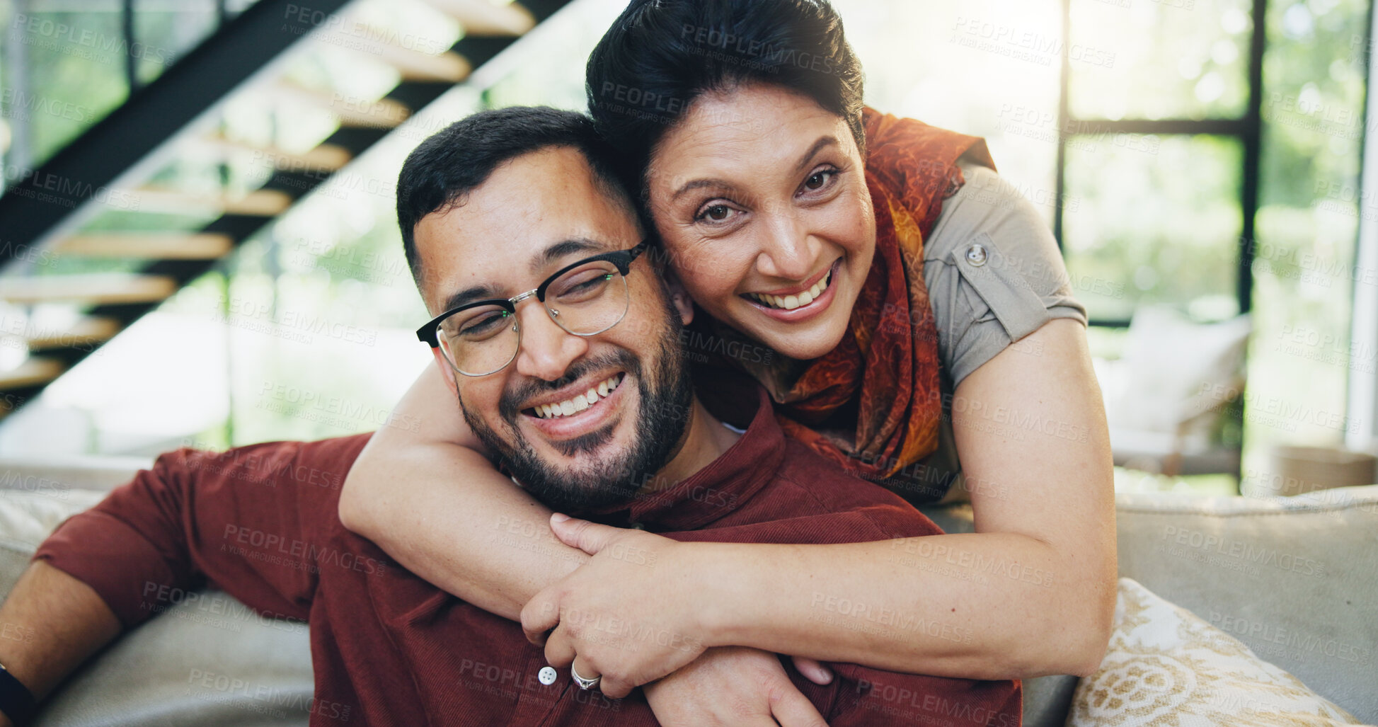 Buy stock photo Man, hug and mother for portrait on sofa at house for bonding, love and relax with care on weekend break. Happy, mature woman and gratitude embrace, family support and security together in lounge