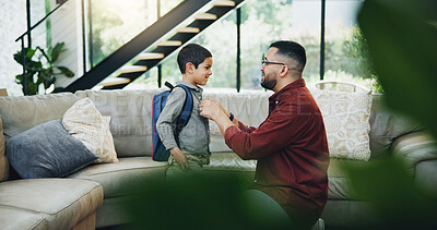 Buy stock photo Father, child and son with backpack in living room for preparation, getting ready or back to school. Family, support and happy kid with dad for morning routine, education development or love in home