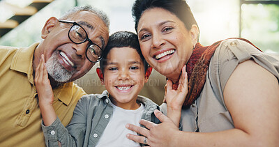 Buy stock photo Smile, grandparents and child on sofa at house for portrait bonding, love and relax with care on weekend break. Happy, people and boy gratitude embrace, family support and security together in lounge