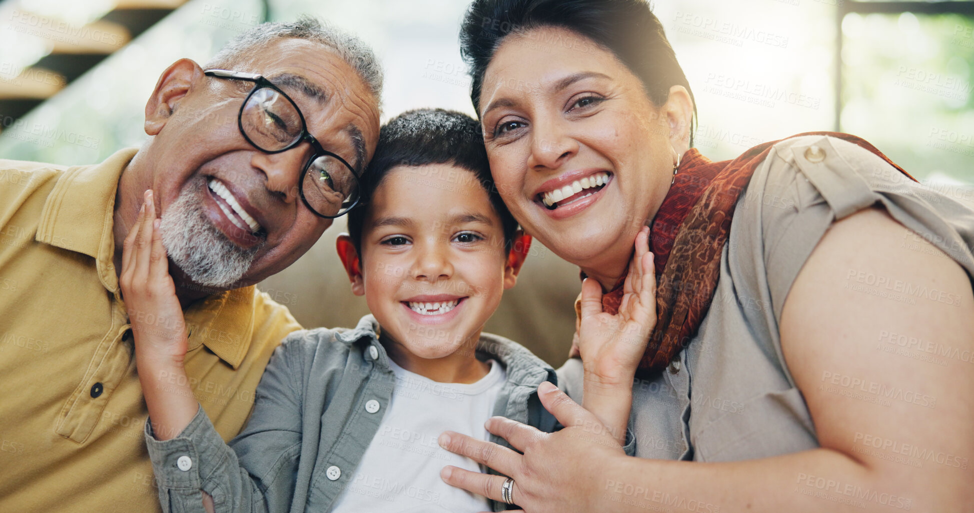 Buy stock photo Smile, grandparents and child on sofa at house for portrait bonding, love and relax with care on weekend break. Happy, people and boy gratitude embrace, family support and security together in lounge