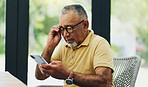 Glasses, phone and mature man reading news, email or crossword puzzle on internet in home. Smartphone, retirement and blurry vision of person with poor eyesight, glaucoma or squinting on mobile app