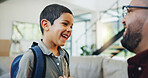 Father, boy and son with backpack in living room for preparation, getting ready or back to school. Family, support and happy kid with dad for morning routine, education development or love in home